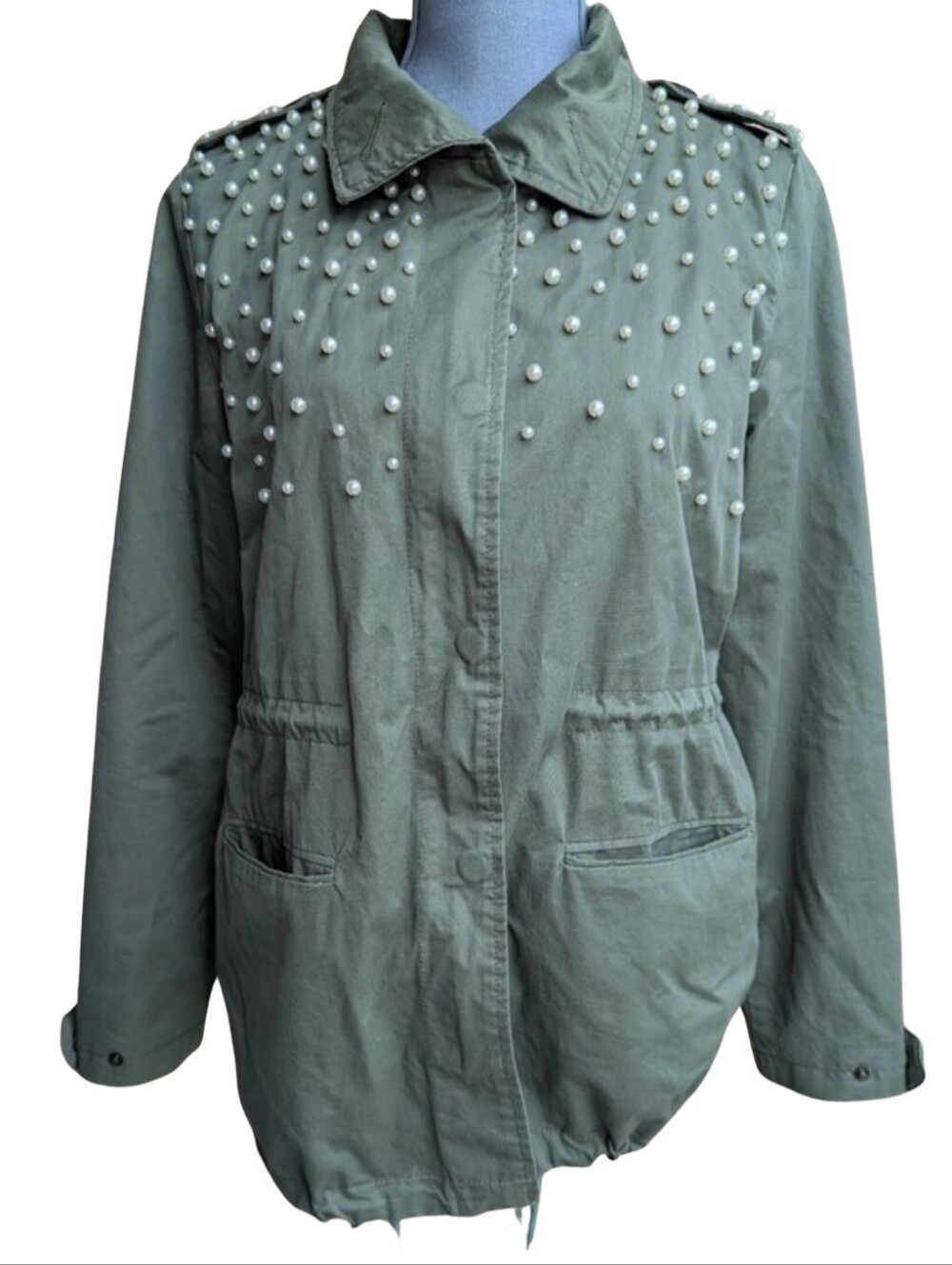 TOV Holy Pearl Embellished Military Utility Jacket Army Olive Green 40 Medium